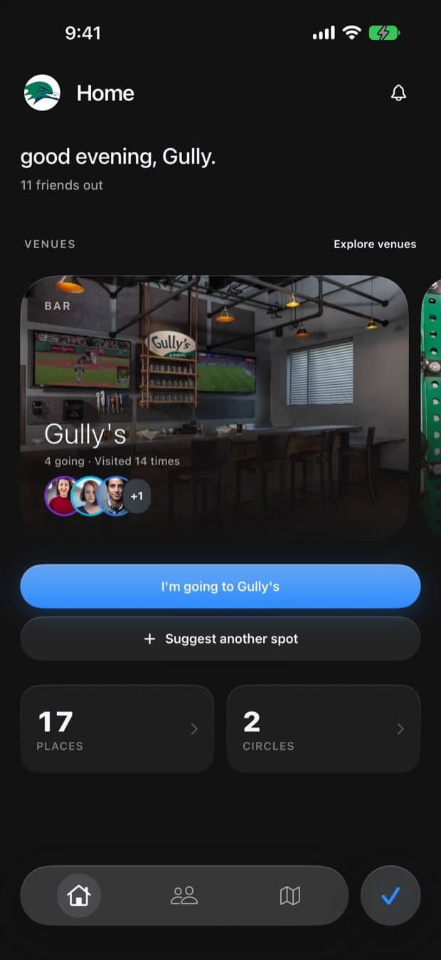 The Sway home screen: friends out tonight, and the venues they're headed to.